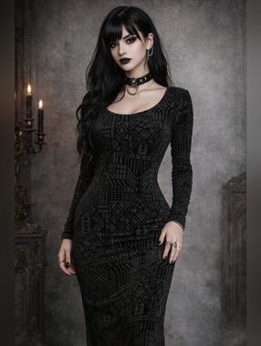 Long sleeve scoop neck black velvet burnout maxi bodycon goth dress sz Small